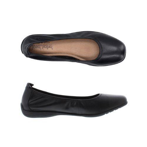 Top and side views of the Josef Seibel Fenja 01 Flat for women, showcasing its sleek black leather design and padded insole.