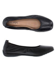 Top and side views of the Josef Seibel Fenja 01 Flat for women, showcasing its sleek black leather design and padded insole.