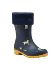 Molly Boot Socks inside of a blue rubber boot, with the cuff pulled over the opening of the boot.