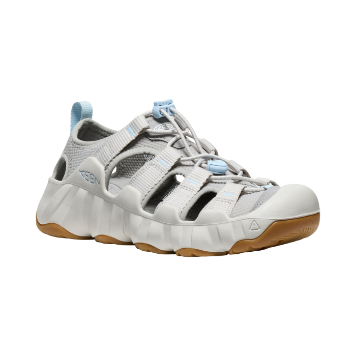 Women's KEEN Hyperport H2 Fisherman Sandal in light grey with white sole, designed for all-day cushioning and durable outdoor wear.