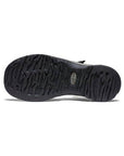 Black outsole of black KEEN Rose Fisherman Sandal with textured tread for enhanced grip and durability on various surfaces.