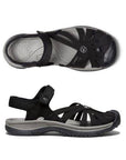Top and side views of black KEEN Rose Fisherman Sandal showcasing its strappy design, cushioned insole, and sturdy sole.