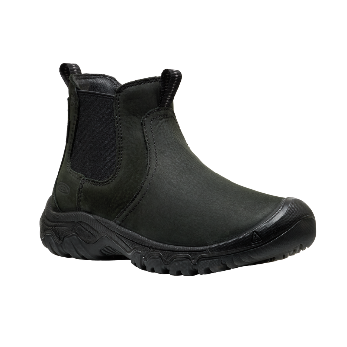 Women's Keen Greta Chelsea Boot in black leather with rugged outsole.