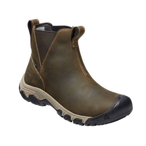 Women's Keen Greta Chelsea Boot in brown leather with waterproof design and rugged sole, ideal for winter wear and outdoor adventures.
