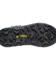 Black rubber outsole with yellow speckles and yellow KEEN logo in the center. Features textured polar traction.