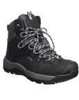 Black ankle-height lace-up boot with grey laces and a grey midsole. Upper is nubuck and mesh, outsole is black rubber.