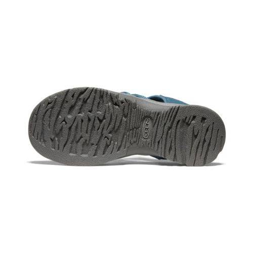 Outsole of KEEN Whisper Fisherman Sandal in blue, featuring textured grip for enhanced traction and durability on various surfaces.