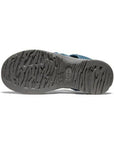 Outsole of KEEN Whisper Fisherman Sandal in blue, featuring textured grip for enhanced traction and durability on various surfaces.
