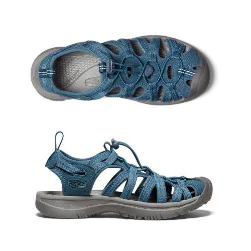 Top and side views of KEEN Whisper Fisherman Sandal in blue, showcasing breathable design, high-rebound insole, and versatile style.
