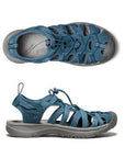 Top and side views of KEEN Whisper Fisherman Sandal in blue, showcasing breathable design, high-rebound insole, and versatile style.