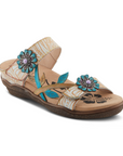 Women's L'Artiste Aymee Sandal in white and turquoise with floral embellishments and hand-painted leather on a cushioned footbed.