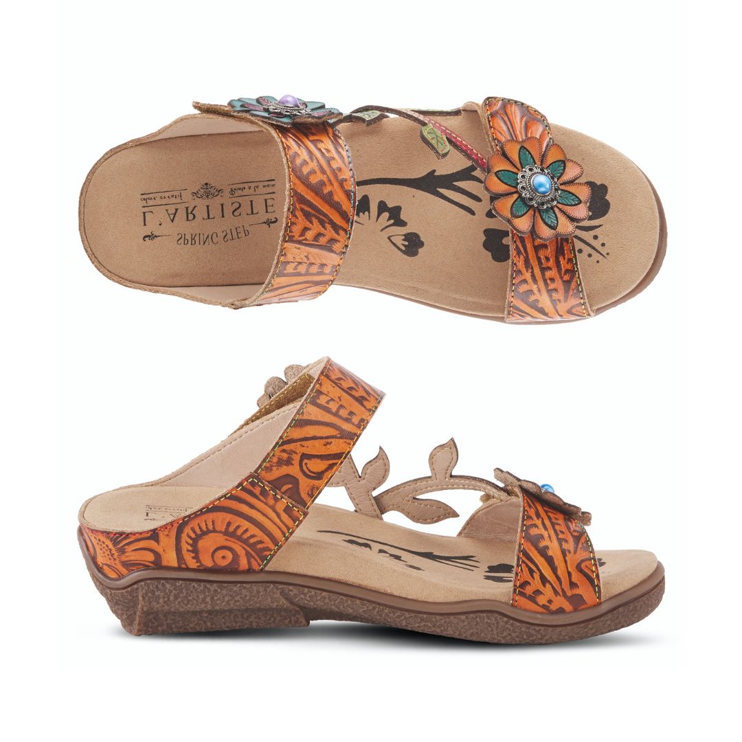 Top and side views of the orange Women's L'Artiste Aymee Sandal showcasing floral cutouts and hand-painted leather craftsmanship.
