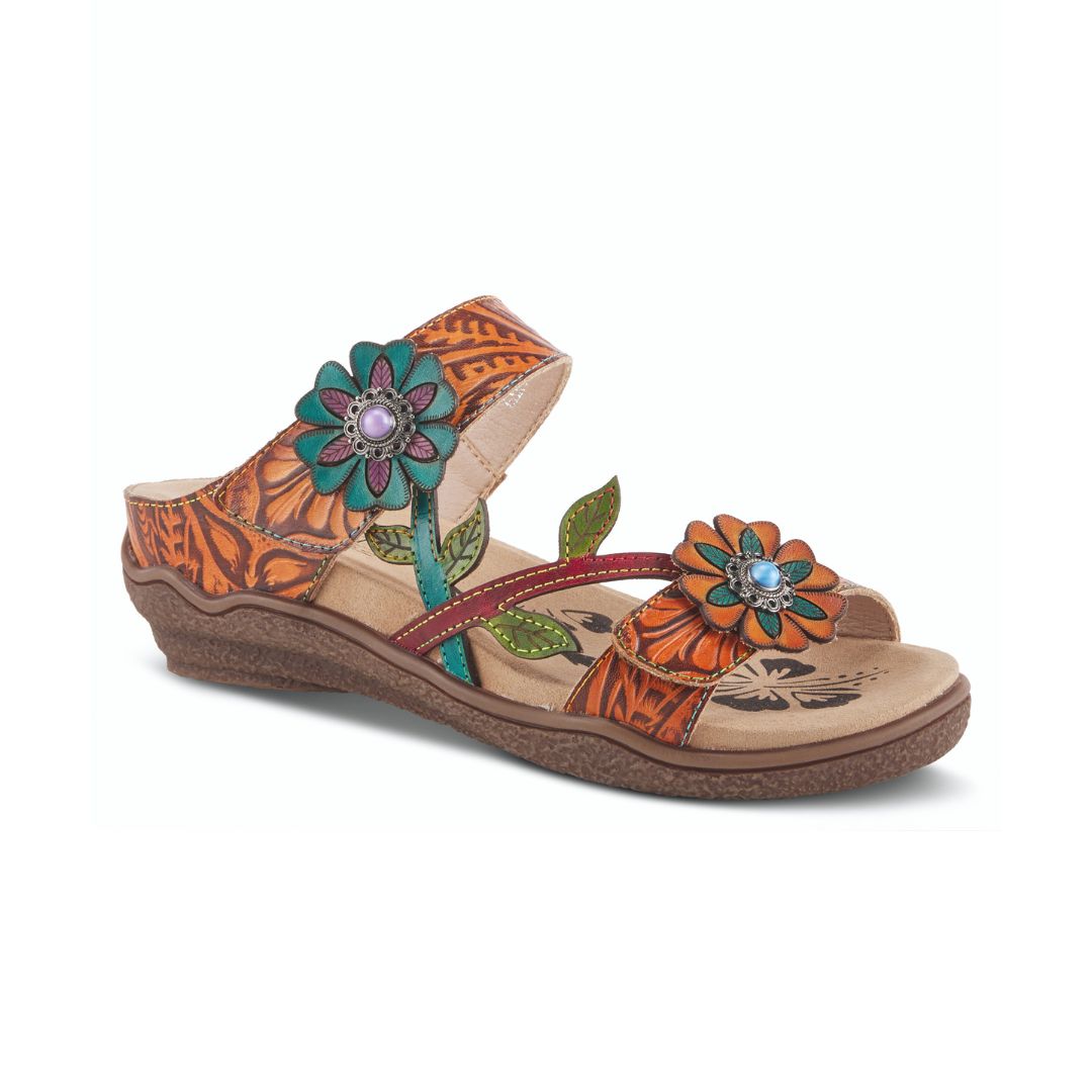 Women's L'Artiste Aymee Sandal in orange with vibrant floral accents, hand-painted leather, and contrast stitching on a wedge sole.
