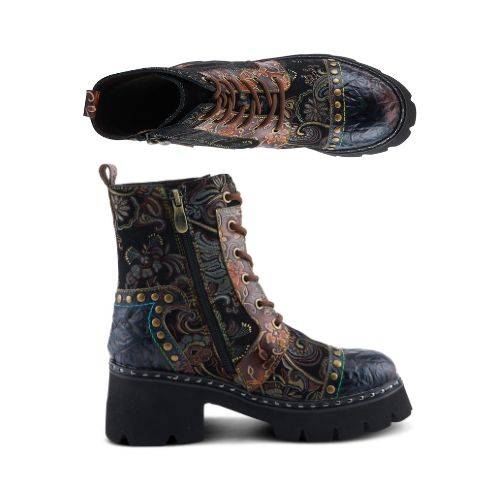 Side and top view of L'Artiste Severity Combat Platform Boot for women, featuring zipper closure, lace-up front, and artistic leather detailing.