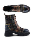 Side and top view of L'Artiste Severity Combat Platform Boot for women, featuring zipper closure, lace-up front, and artistic leather detailing.
