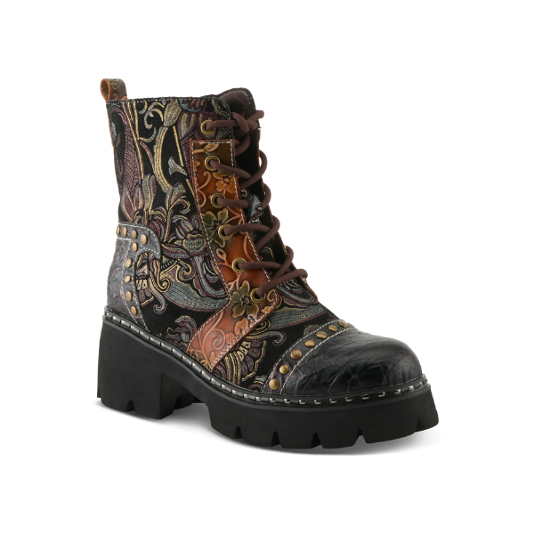 Women's L'Artiste Severity Combat Platform Boot with hand-painted leather, floral patterns, rainbow stitching, and stud inlay on chunky sole.