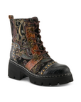 Women's L'Artiste Severity Combat Platform Boot with hand-painted leather, floral patterns, rainbow stitching, and stud inlay on chunky sole.