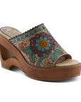 Women's L'Artiste Calle heeled slide sandal with hand-painted floral leather upper and sculpted wooden platform heel, ideal for summer fashion.