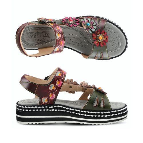 Top and side views of L'Artiste Laga backstrap sandal for women, featuring painted leather flowers and cushioned insole for comfort.