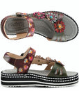 Top and side views of L'Artiste Laga backstrap sandal for women, featuring painted leather flowers and cushioned insole for comfort.