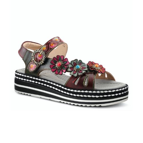 Women's L'Artiste Laga backstrap sandal with hand-painted leather, floral accents, and striped platform sole in multicolor design.