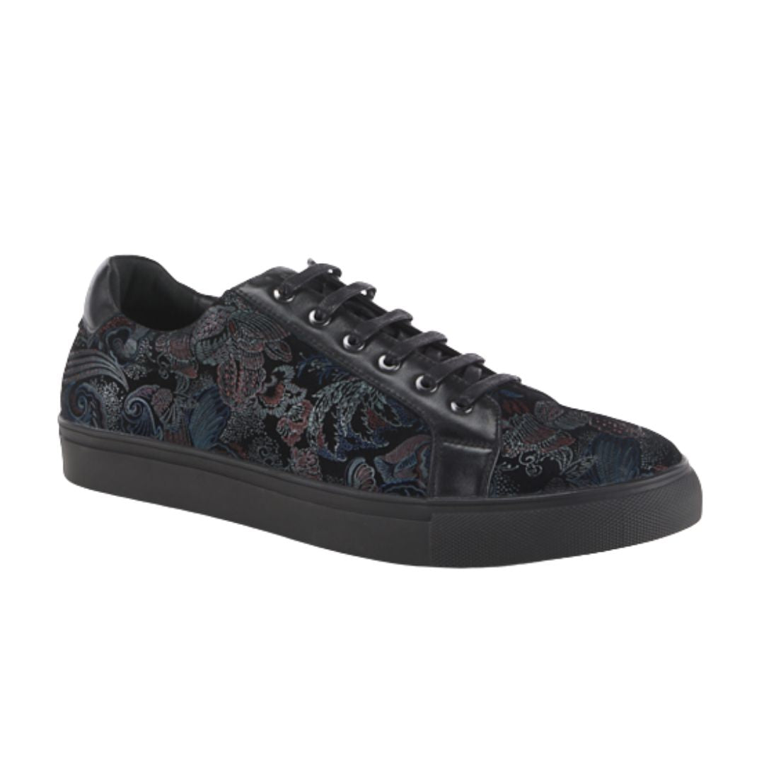 Black lace up sneaker with paisley pattern.