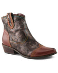 Women's L'Artiste Countrypop Western Ankle Boot in brown and burgundy tones with floral embossed leather and contrast stitching.