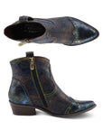 Side and top view of Women's L'Artiste Countrypop Western Ankle Boot showing zipper closure, pointed toe, and multicolor stitched details.