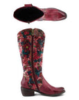 Side and top view of L'Artiste Rodeoqueen Western Boot showing inner zipper and floral leather design for women’s fall fashion.