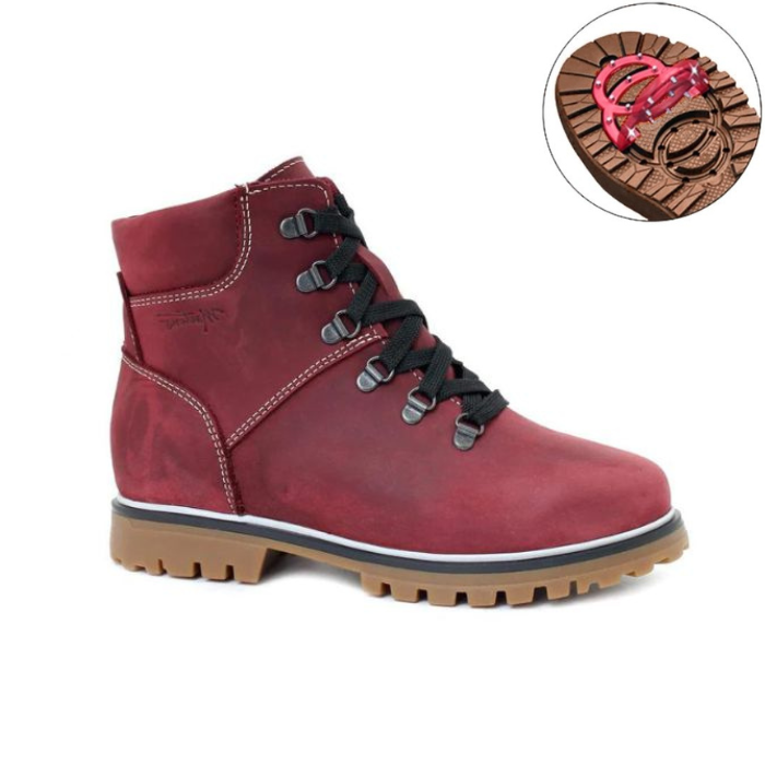 Maika Ankle Boot in Bordo. Burgundy nubuck ankle boot with black laces, white stitching, and a brown rubber outsole.