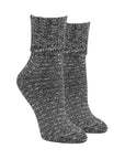 A pair of gray Womens Weekender Combed Cotton Crew Socks stand upright against a white background, featuring a ribbed cuff and reinforced heel and toe for durability.