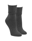A pair of Womens Weekender Combed Cotton Crew Socks in gray, with ribbed cuffs and a cushioned sole for extra comfort, is standing upright against a plain white background.