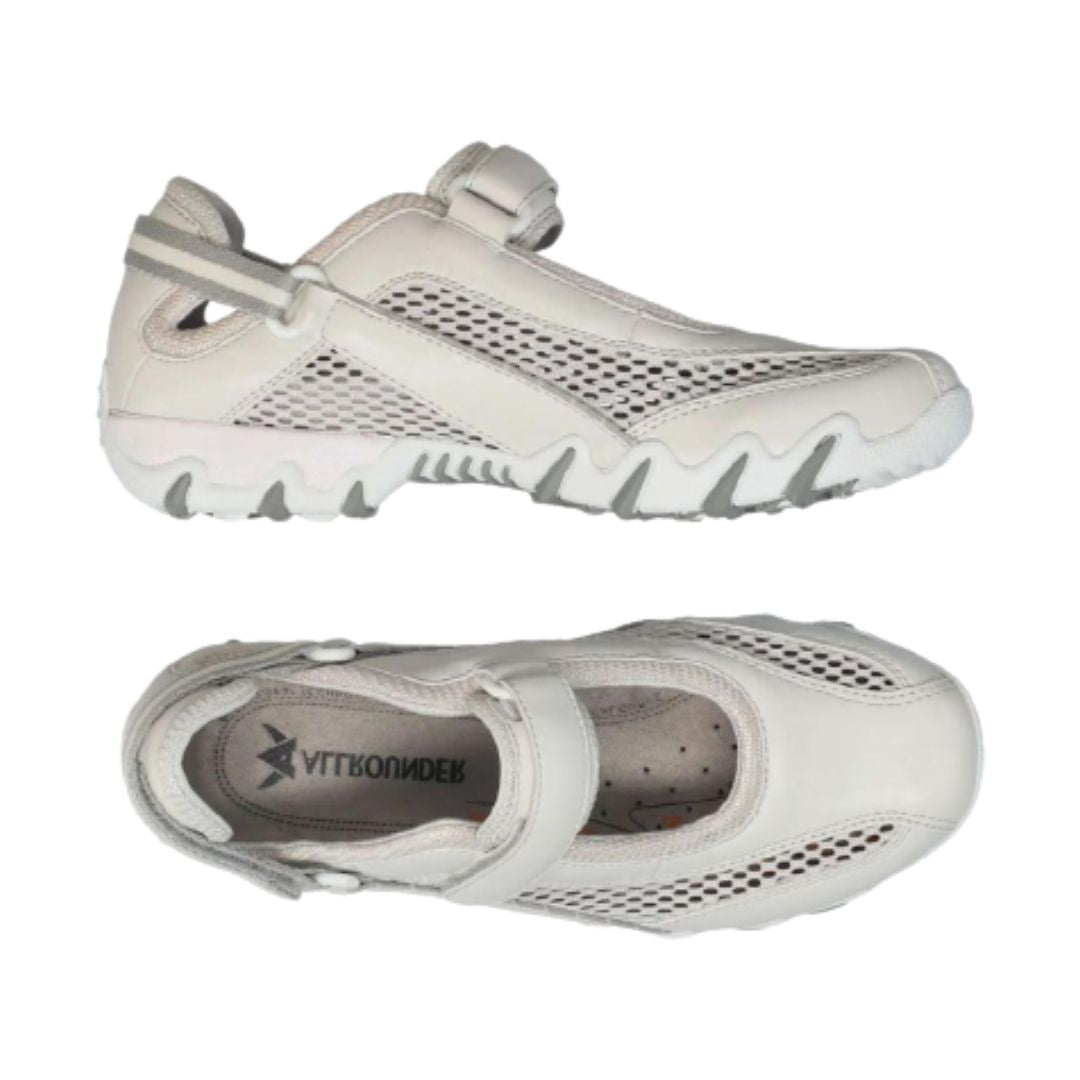 Top and side views of the Women's Mephisto Niro Mary-Jane Sneaker in beige, showing breathable mesh and cushioned insole for everyday support.
