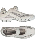 Top and side views of the Women's Mephisto Niro Mary-Jane Sneaker in beige, showing breathable mesh and cushioned insole for everyday support.