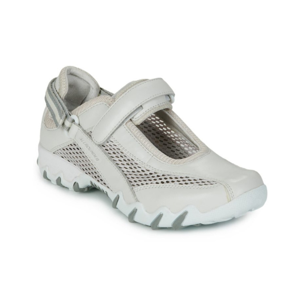 Women's Mephisto Niro Mary-Jane Sneaker in beige, designed with mesh panels and a secure strap for casual wear and long walking comfort.