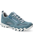 Women's Mephisto Naira Lace-Up Leather Sneaker in blue suede with breathable mesh panels and rugged white sole for comfort and style.