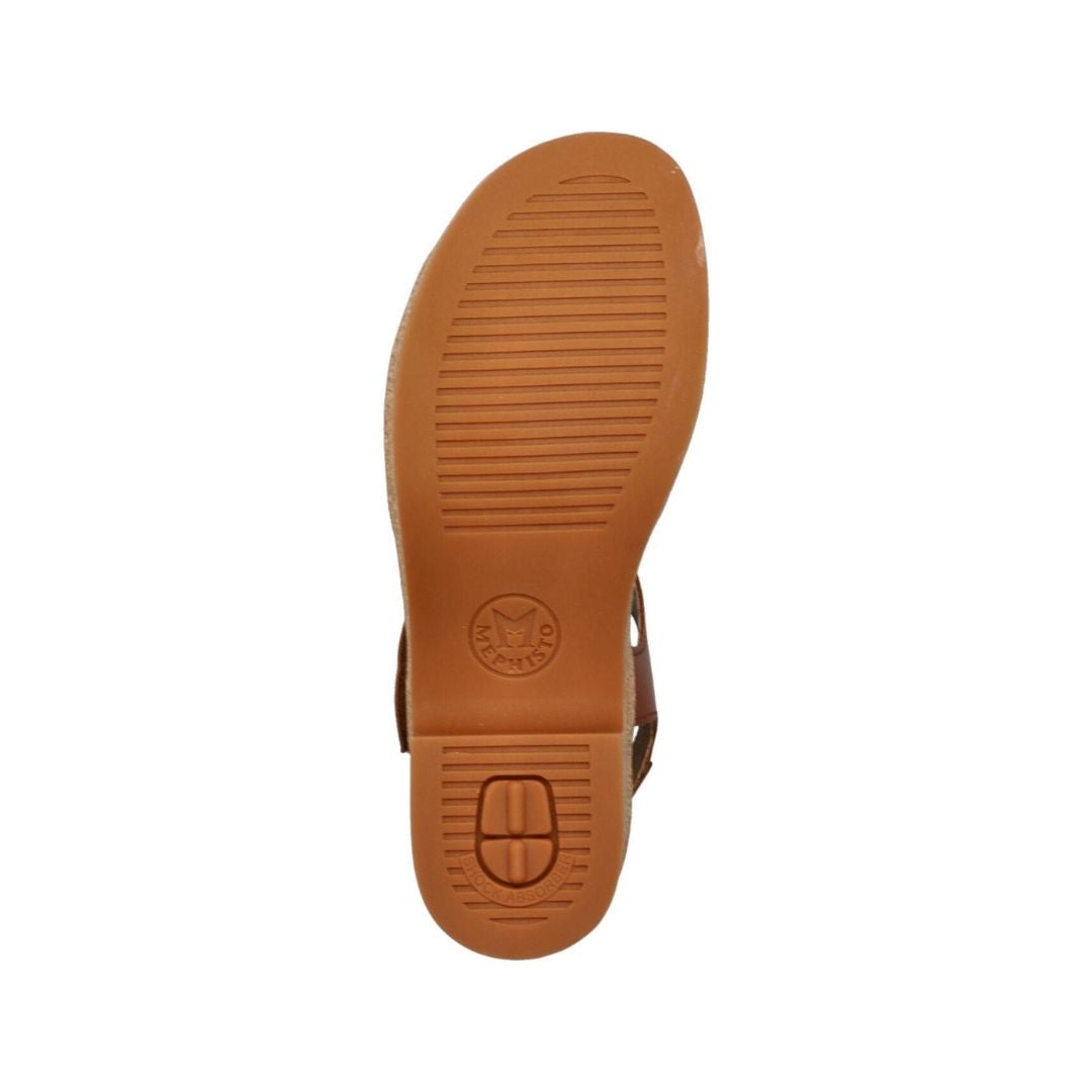 Women's Mephisto Franka Backstrap Sandal outsole view showing shock-absorbing sole with tread pattern for grip and comfort.