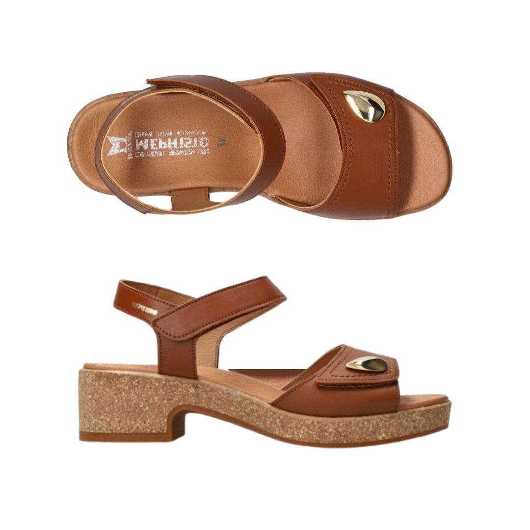 Women's Mephisto Franka Backstrap Sandal in brown suede with gold accent and cork wedge heel, featuring shock-absorbing SOFT-AIR technology.