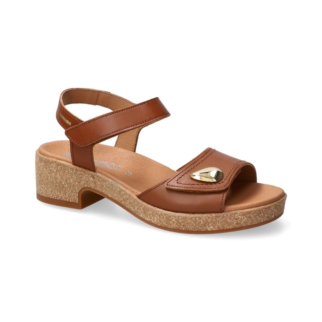 Women's Mephisto Franka Backstrap Sandal in brown suede with gold accent and cork heel, featuring shock-absorbing SOFT-AIR Technology.