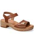 Women's Mephisto Franka Backstrap Sandal in brown suede with gold accent and cork heel, featuring shock-absorbing SOFT-AIR Technology.