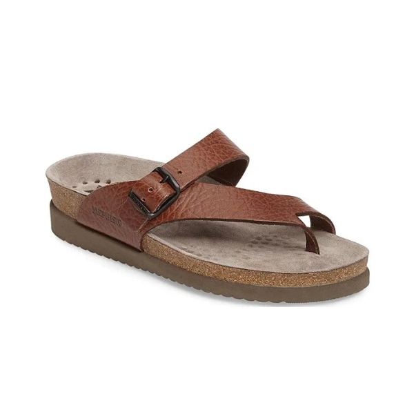 Women's Mephisto Helen Thong Footbed Sandal in brown leather with contoured cork footbed and Soft-Air midsole for all-day wear.