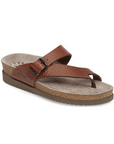Women's Mephisto Helen Thong Footbed Sandal in brown leather with contoured cork footbed and Soft-Air midsole for all-day wear.