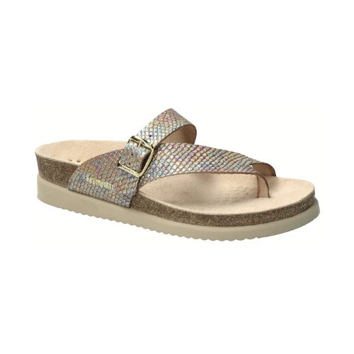 Soft irridescent gold snake printed leather thong sandal with adjustable buckle closure, supportive cork midsole and beige EVA outsole.