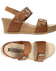 Top and side view of tan Women's Mephisto Lissandra Wedge Sandal. Adjustable straps and ergonomic footbed for stylish support.
