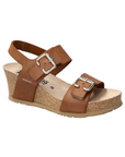 Women's Mephisto Lissandra Wedge Sandal in tan leather with cork wedge heel. Features silver buckles and cushioned insole for all-day comfort.