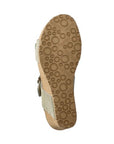 Outsole view of sage green Women's Mephisto Lissandra Wedge Sandal. Textured rubber sole with circular grip pattern for slip resistance.