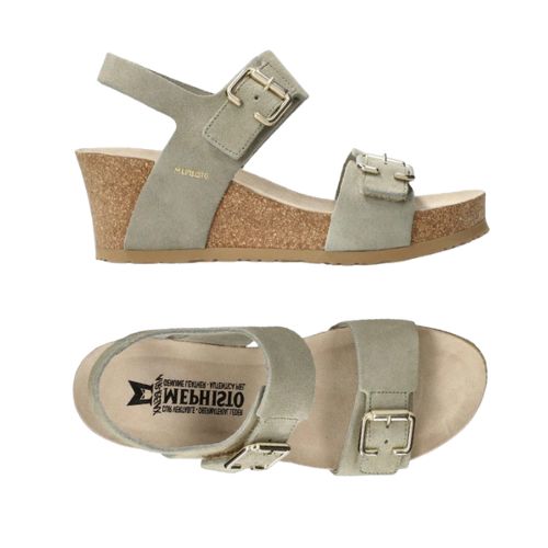 Side and top view of sage green Women's Mephisto Lissandra Wedge Sandal. Features suede straps, cork wedge heel, and dual buckle closure.