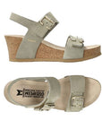 Side and top view of sage green Women's Mephisto Lissandra Wedge Sandal. Features suede straps, cork wedge heel, and dual buckle closure.