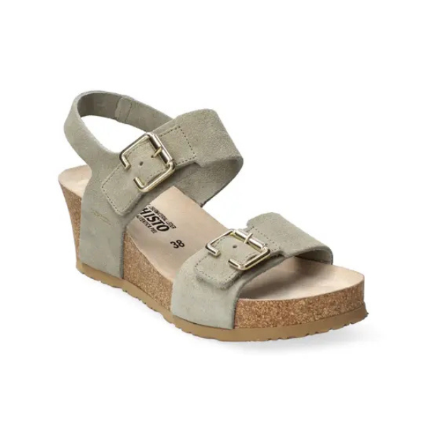 Women's Mephisto Lissandra Wedge Sandal in sage green suede with ergonomic footbed. Stylish and supportive for everyday wear.