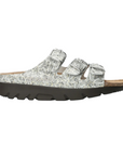 Mephisto Zach Footbed Sandal with silver leaf-patterned upper, triple straps, and cushioned sole for stylish comfort.